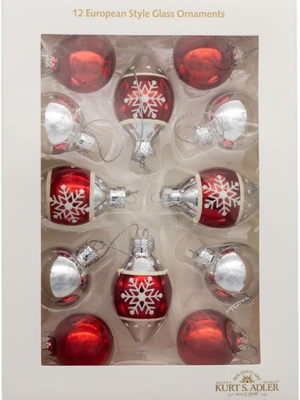35MM Red & Silver Glass Ornaments with Snowflake Design - Holiday Decor